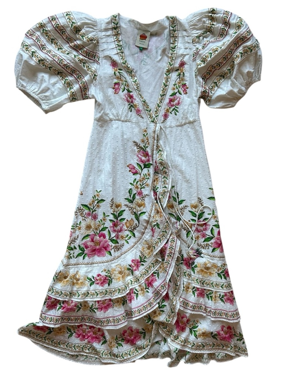 FARM Rio White Midi Wrap Dress with Pink & Yellow Floral Embroidery - Picture 5 of 9